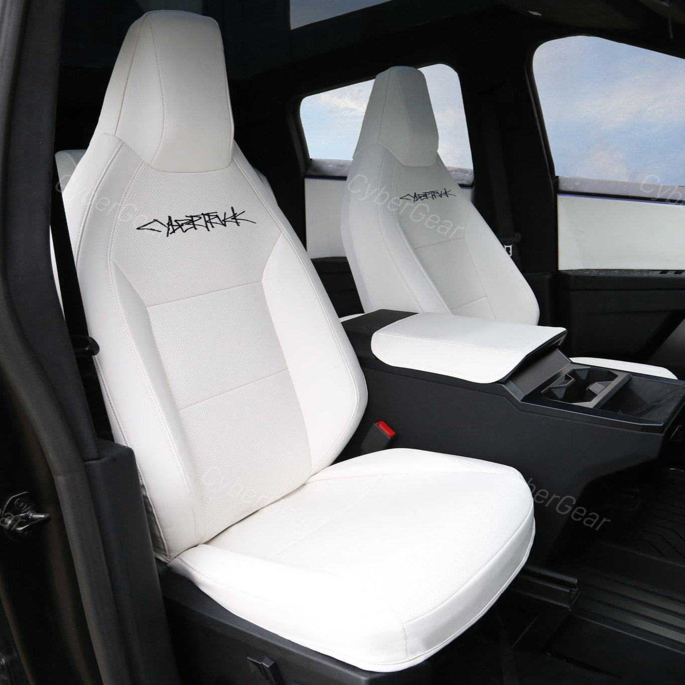 Tesla Cybertruck Seat Covers Leather Seat Protector Full Coverage(Black/White) - CyberGearcoCyberGear