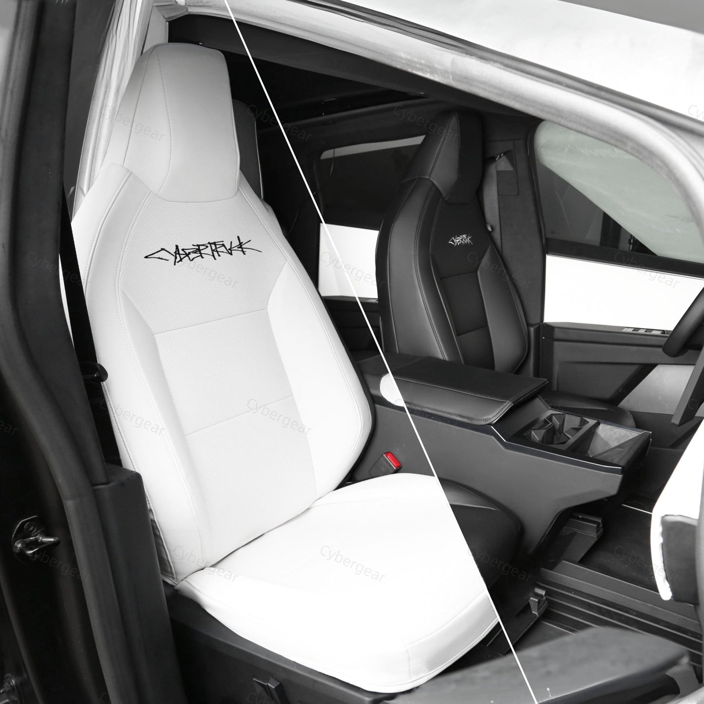 Tesla Cybertruck Seat Covers Leather Seat Protector Full Coverage(Black/White) - CyberGearcoCyberGear